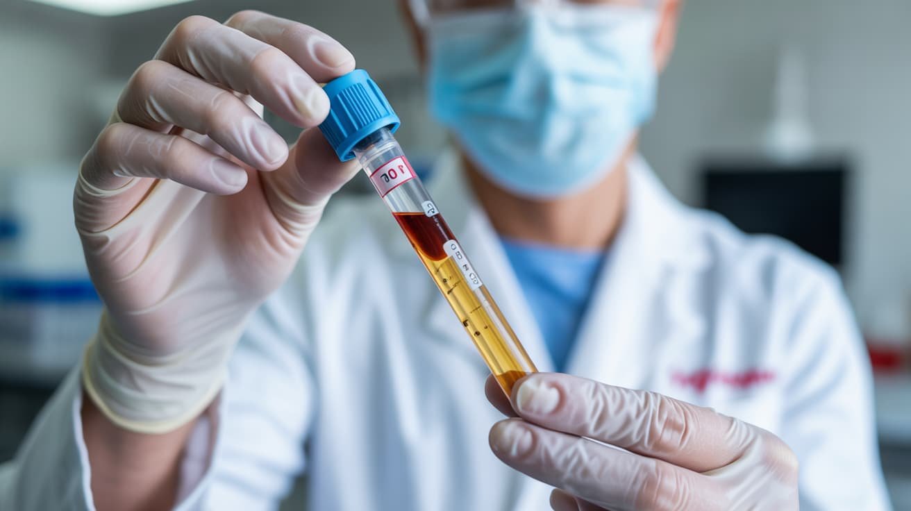 Medical professional holding centrifuge tube with golden PRP for Priapus shot treatment