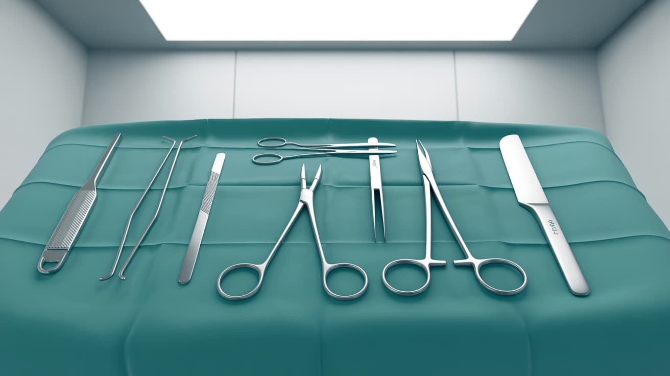 Sterile surgical instruments on teal drape representing penile implant surgery in UK
