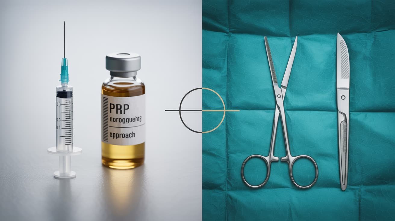 Split image comparing non-surgical P Shot UK PRP injection with surgical penile implant instruments