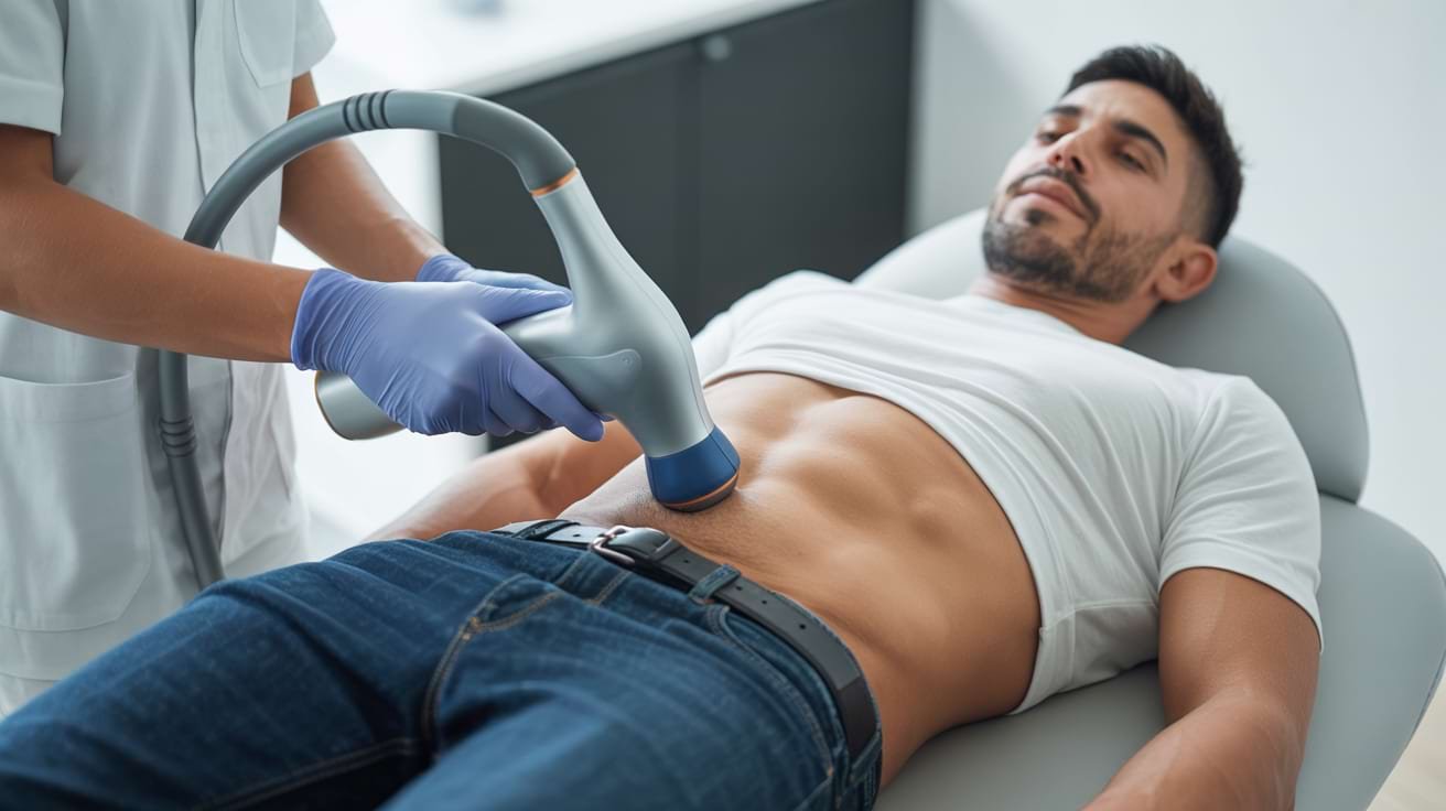 Clinician performing low-intensity shockwave therapy for erectile dysfunction in a London clinic