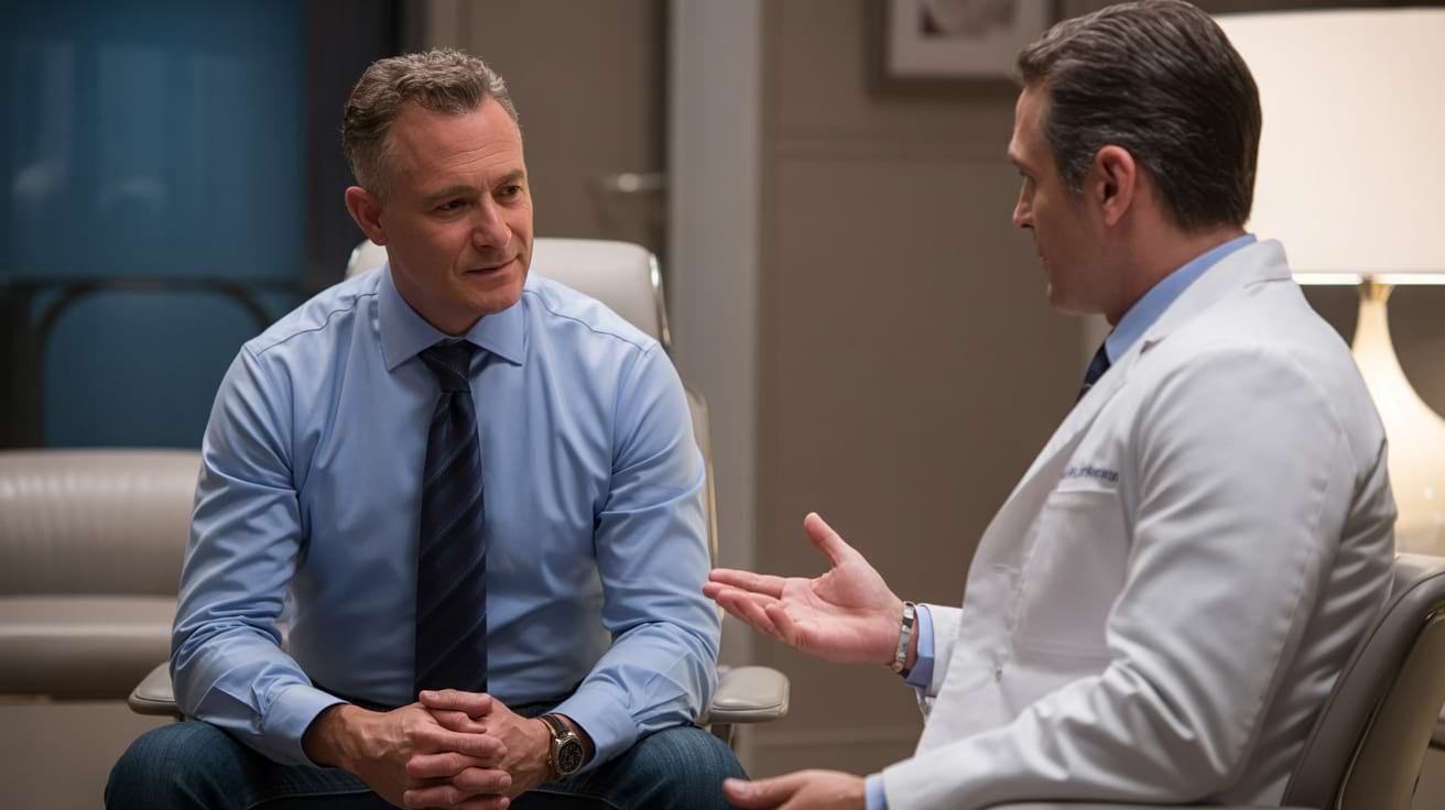 Male patient consulting a doctor about P Shot and shockwave therapy options at a Harley Street clinic