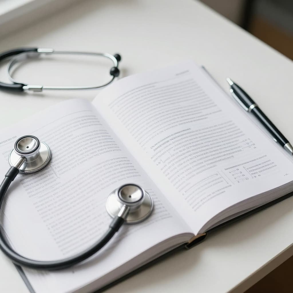 Medical journal and stethoscope representing PRP research evidence for erectile dysfunction