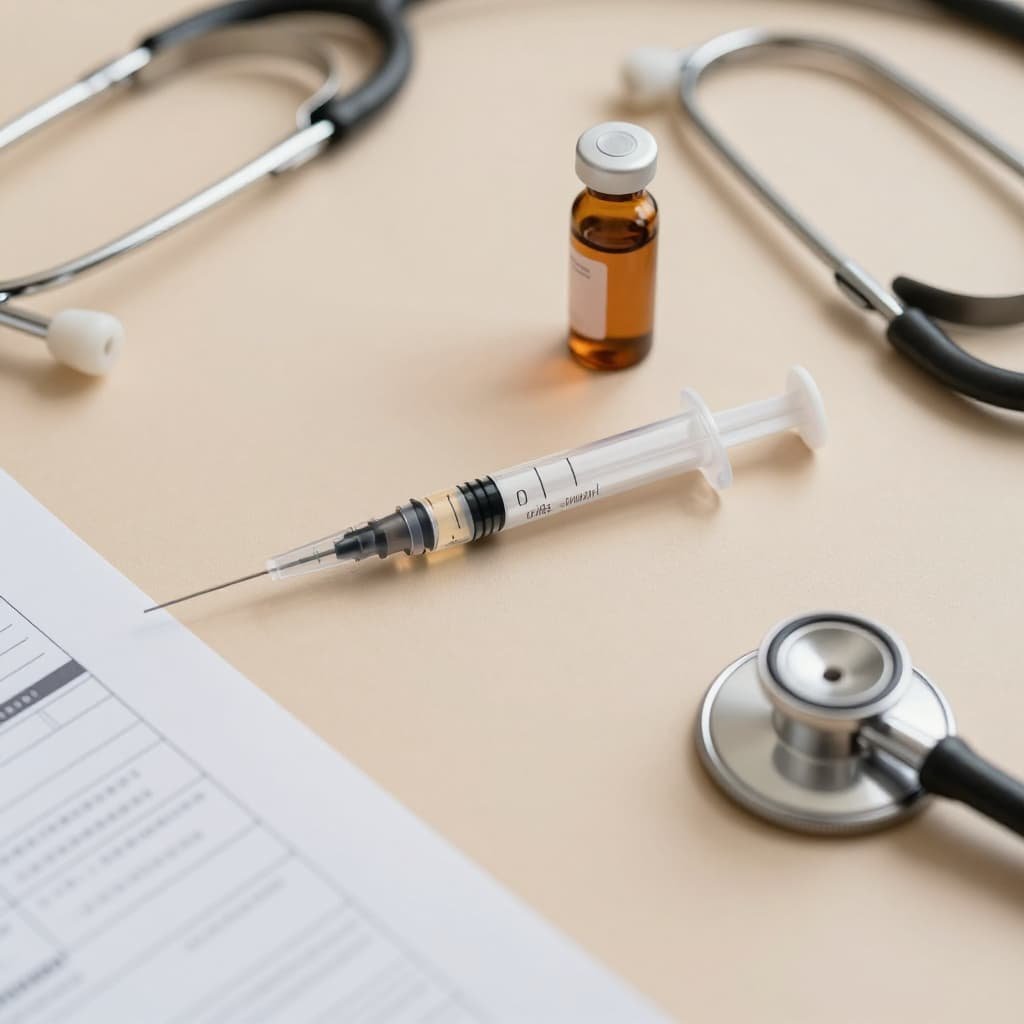 Sterile syringe and serum vial on clinic desk for P shot UK procedure