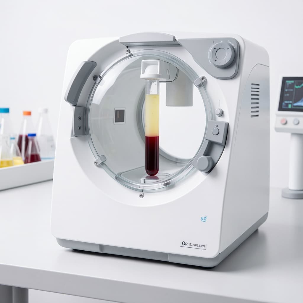 Medical centrifuge with blood sample tube showing separated platelet-rich plasma layer used in P shot London PRP therapy