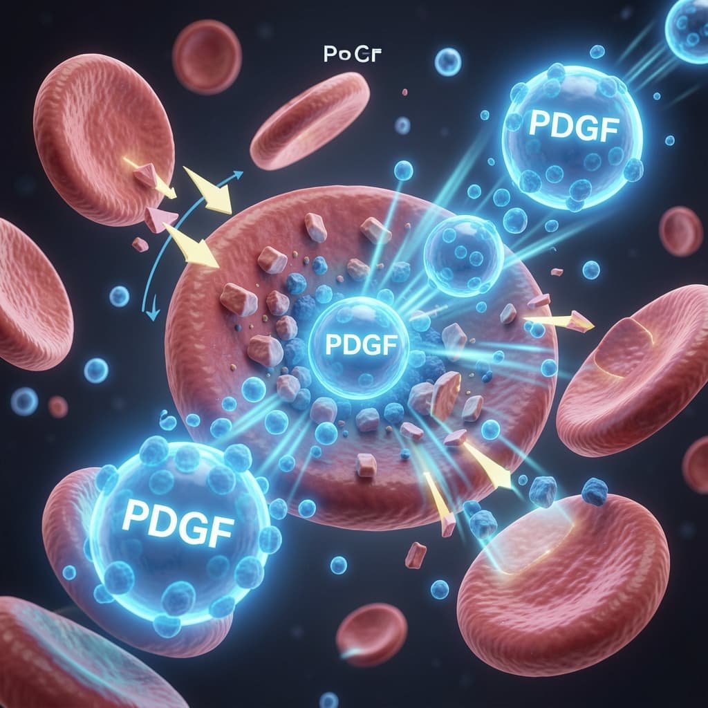 3D scientific illustration of platelet degranulation releasing PDGF, VEGF and TGF-β growth factor proteins in blue and gold tones