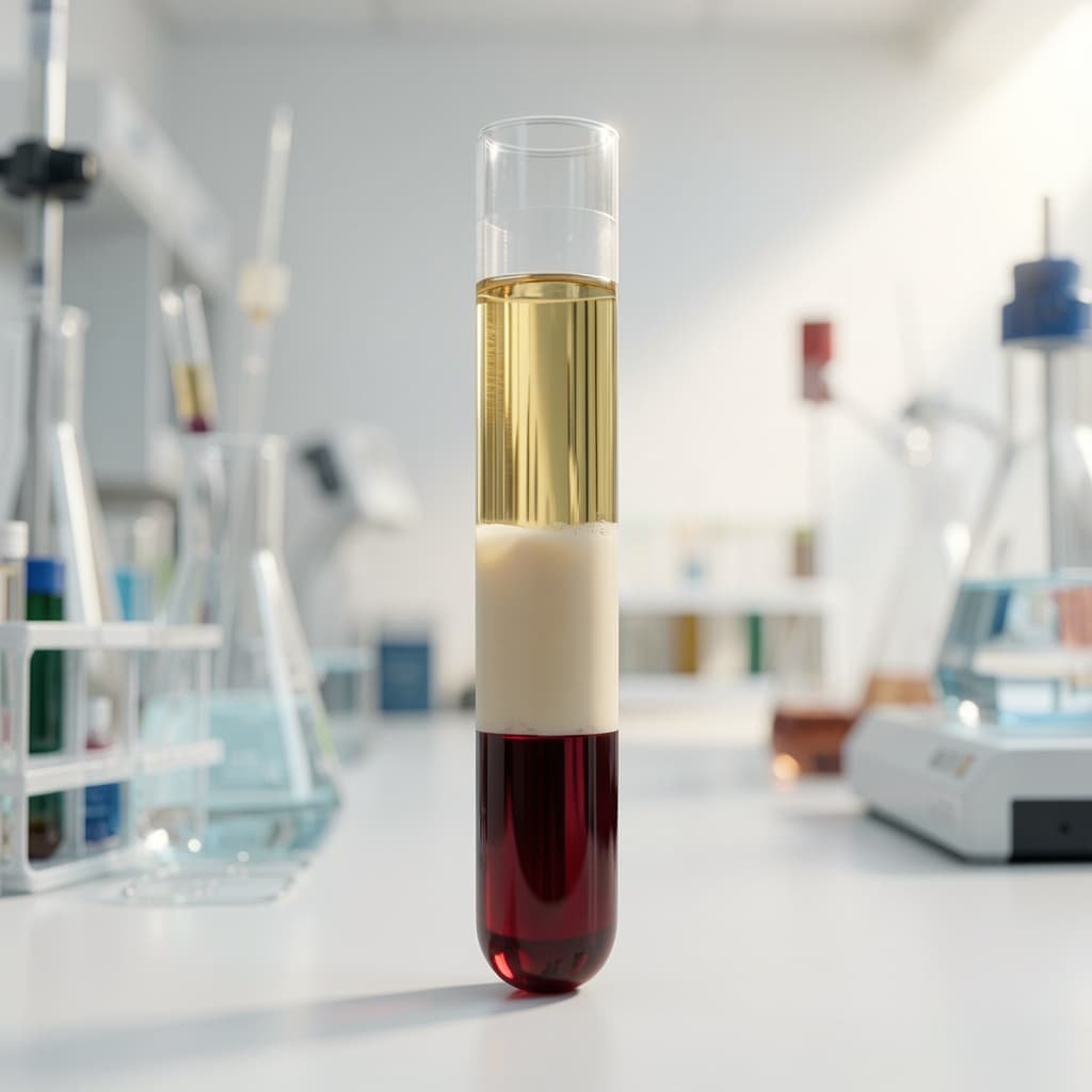 Centrifuge tube showing three separated blood layers — red blood cells at the base, buffy coat in the middle, and golden platelet-poor plasma at the top