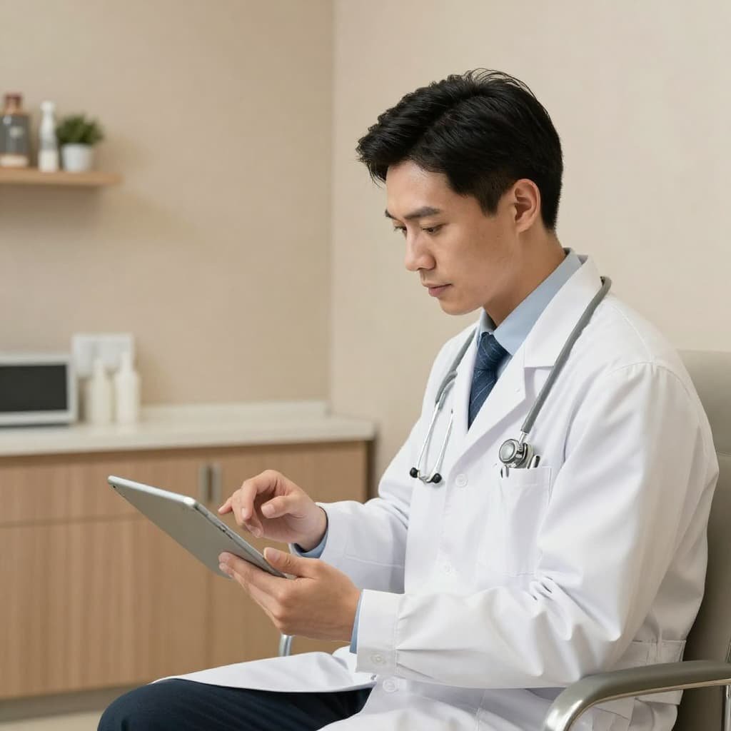 Male doctor in white coat reviewing patient clinical data on a tablet in a modern private clinic consultation room