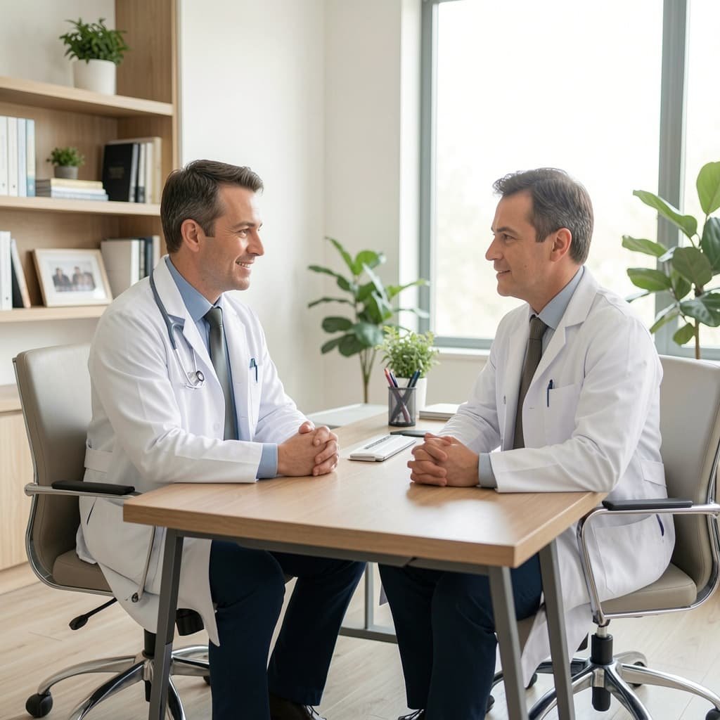 Male patient in consultation with a clinician in a private medical office discussing treatment options in a calm and professional setting