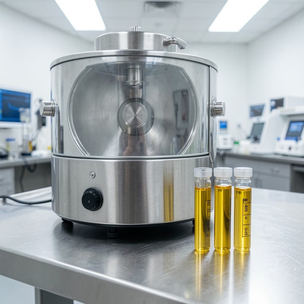 Medical centrifuge machine beside two vials of golden platelet-rich plasma on a sterile clinical surface, used in PRP preparation for the Priapus shot