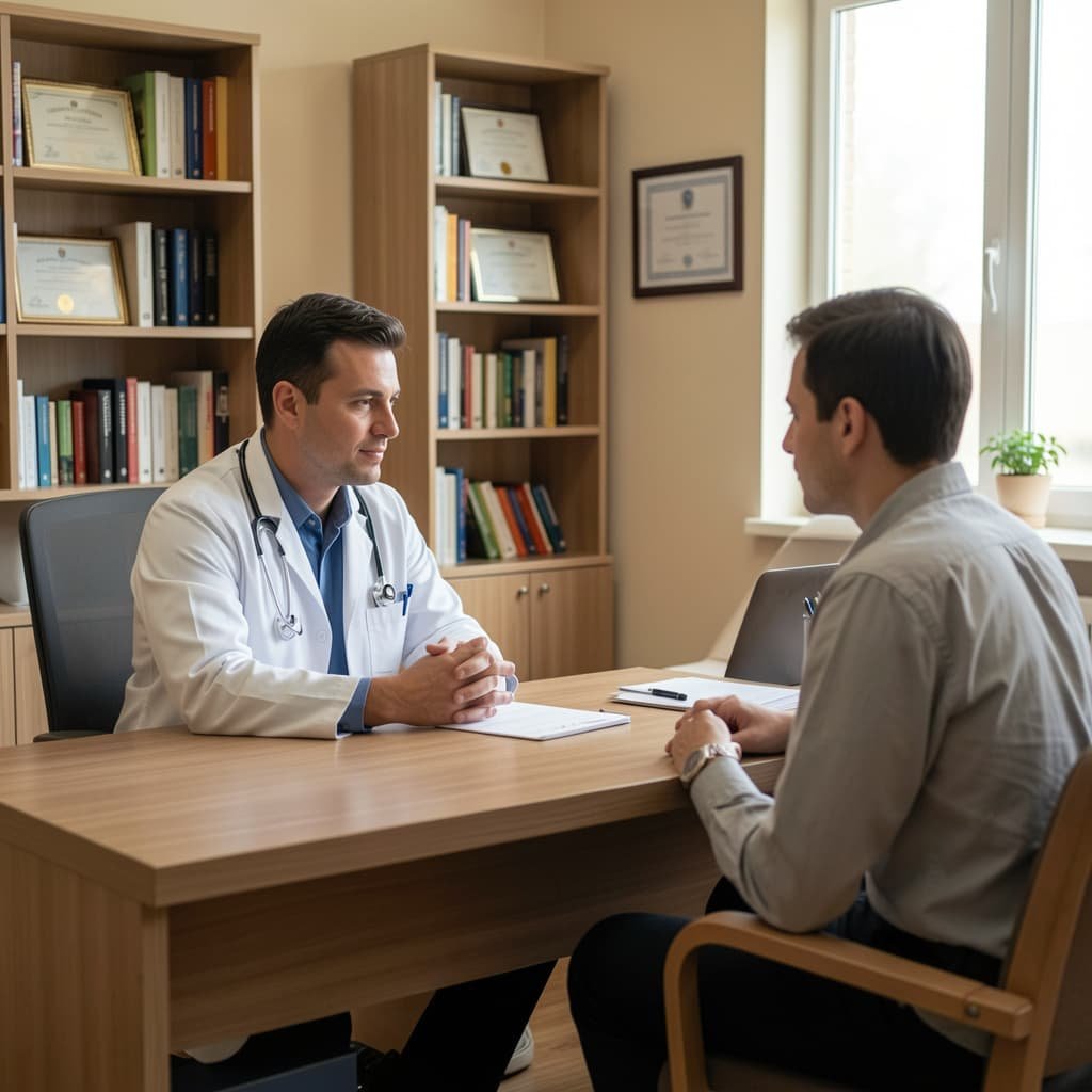 Male doctor in a white coat consulting with a male patient in a private clinic room, discussing treatment options in a professional and reassuring setting