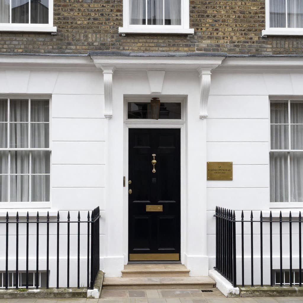 Exterior of a white Georgian townhouse on a London street with a brass medical plaque beside the door, representing a Harley Street private clinic