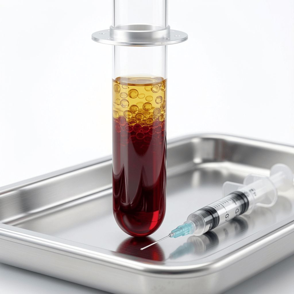  Centrifuge tube showing platelet-rich plasma layers used in P Shot London treatment