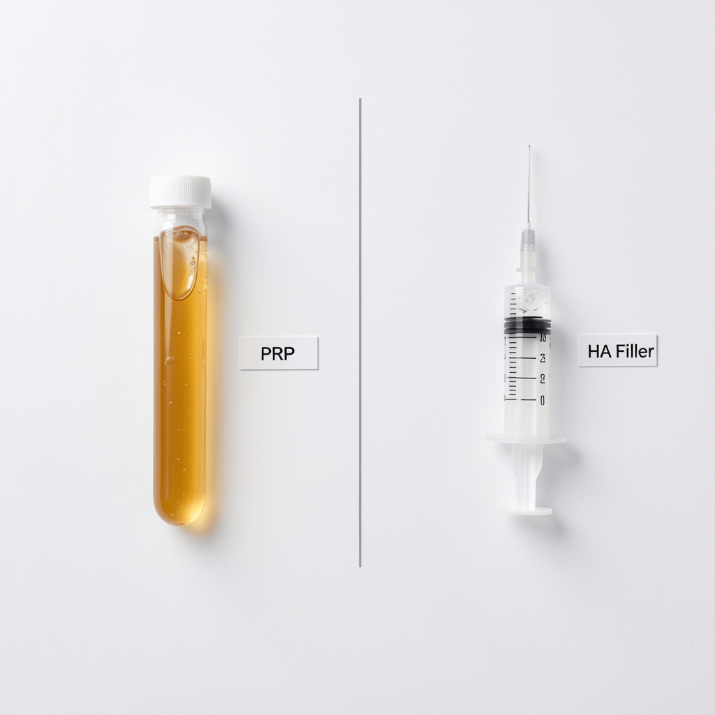 PRP tube and HA filler syringe representing P Shot vs hyaluronic acid penile fillers London comparison
