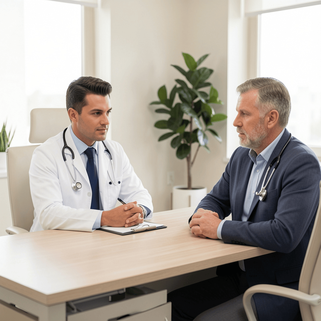 Doctor consulting male patient at private clinic London for non-surgical penile enhancement