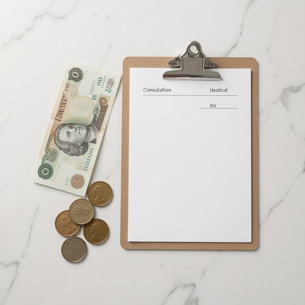 British pound notes and coins beside a medical consultation form on a white surface, representing the cost of private P-shot treatment in the UK