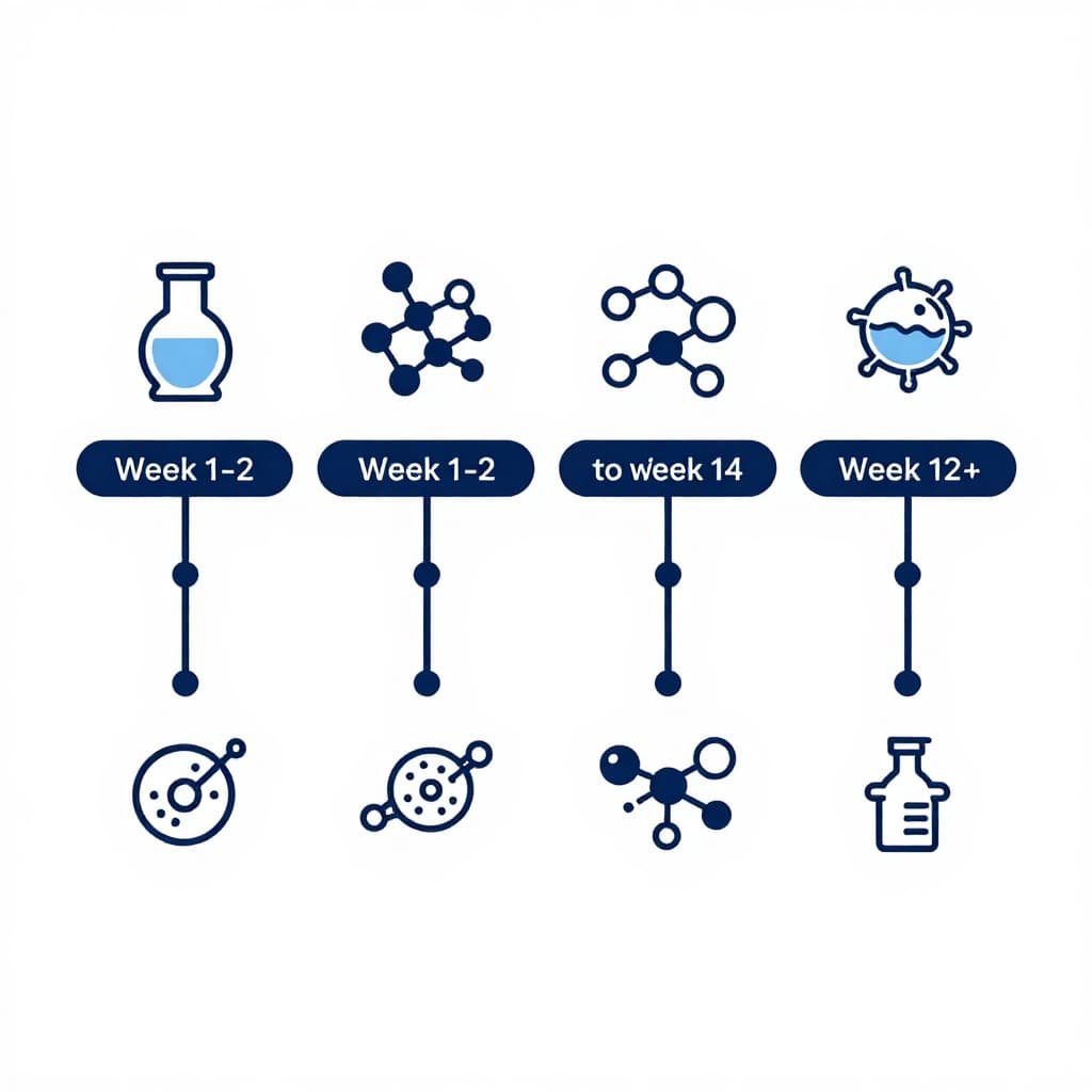 Timeline infographic showing the four stages of angiogenesis after P Shot treatment from week one to twelve weeks and beyond