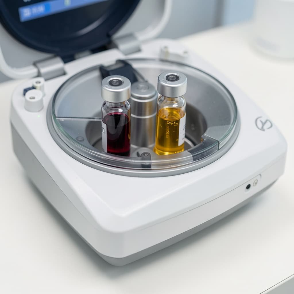 A medical centrifuge processing a blood sample in a clinical laboratory setting for P shot