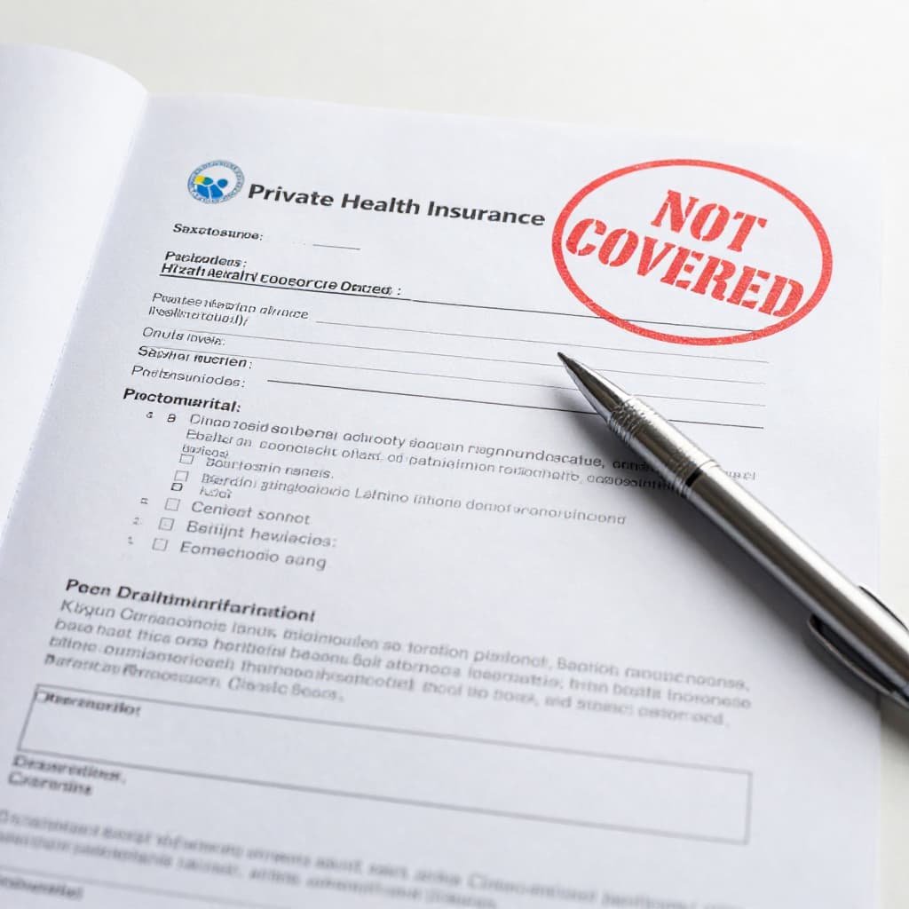 A private health insurance policy document with a stamp reading 'Not Covered P shot' on a clinical desk