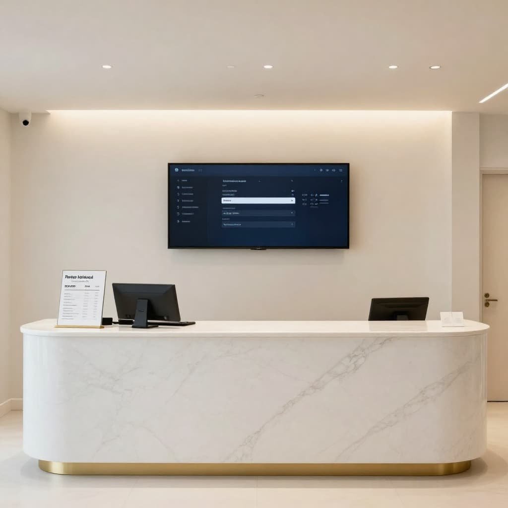 A private clinic reception desk in London with a consultation booking screen and a fee schedule for P shot