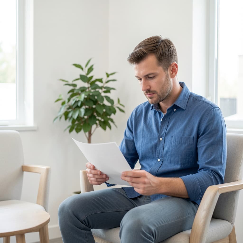 Male patient reviewing information about P shot treatment at a private London clinic