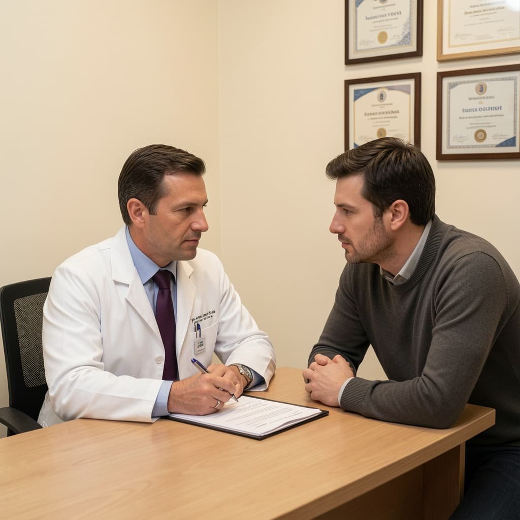 A male patient in consultation with a male doctor about P shot at a private clinic in London