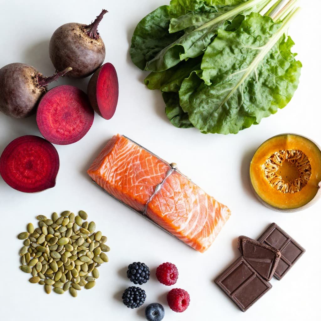Nutrient-dense foods including salmon, beetroot, leafy greens, and berries that support endothelial function and P shot recovery