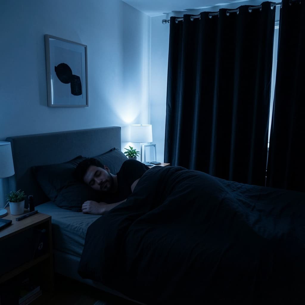 Man sleeping peacefully in a dark bedroom representing the importance of quality sleep for testosterone levels and P shot recovery
