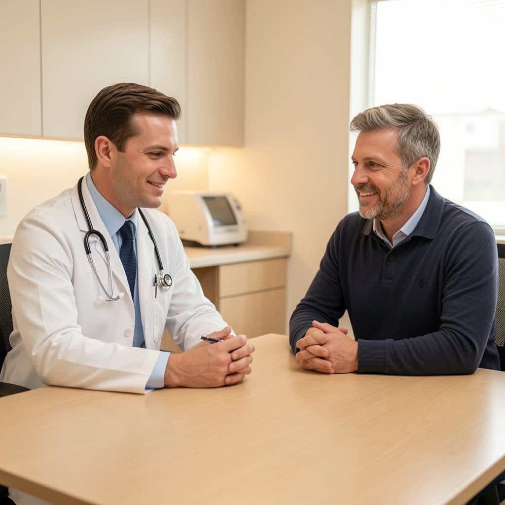 Male doctor consulting a patient in a private clinic during a P shot treatment evaluation in London