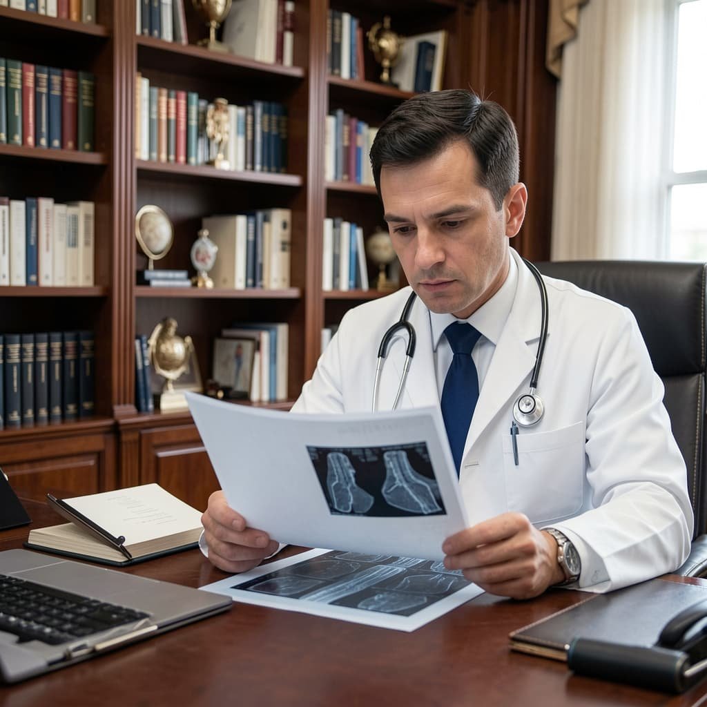 A GMC-registered doctor reviewing P shot UK patient information at a private London clinic