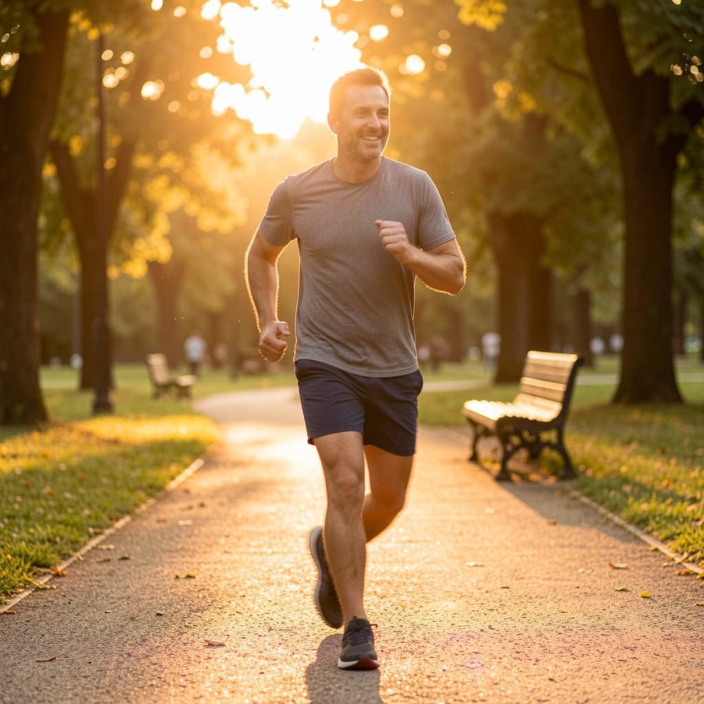 Middle-aged man jogging outdoors as part of a cardiovascular exercise routine to support erectile function and P shot results