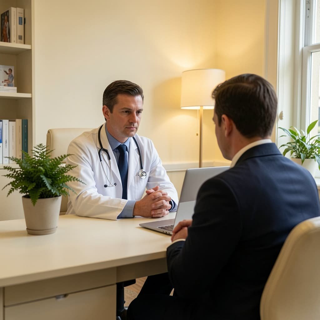 Doctor consulting male patient about P-Shot aftercare and treatment protocol at Harley Street London clinic