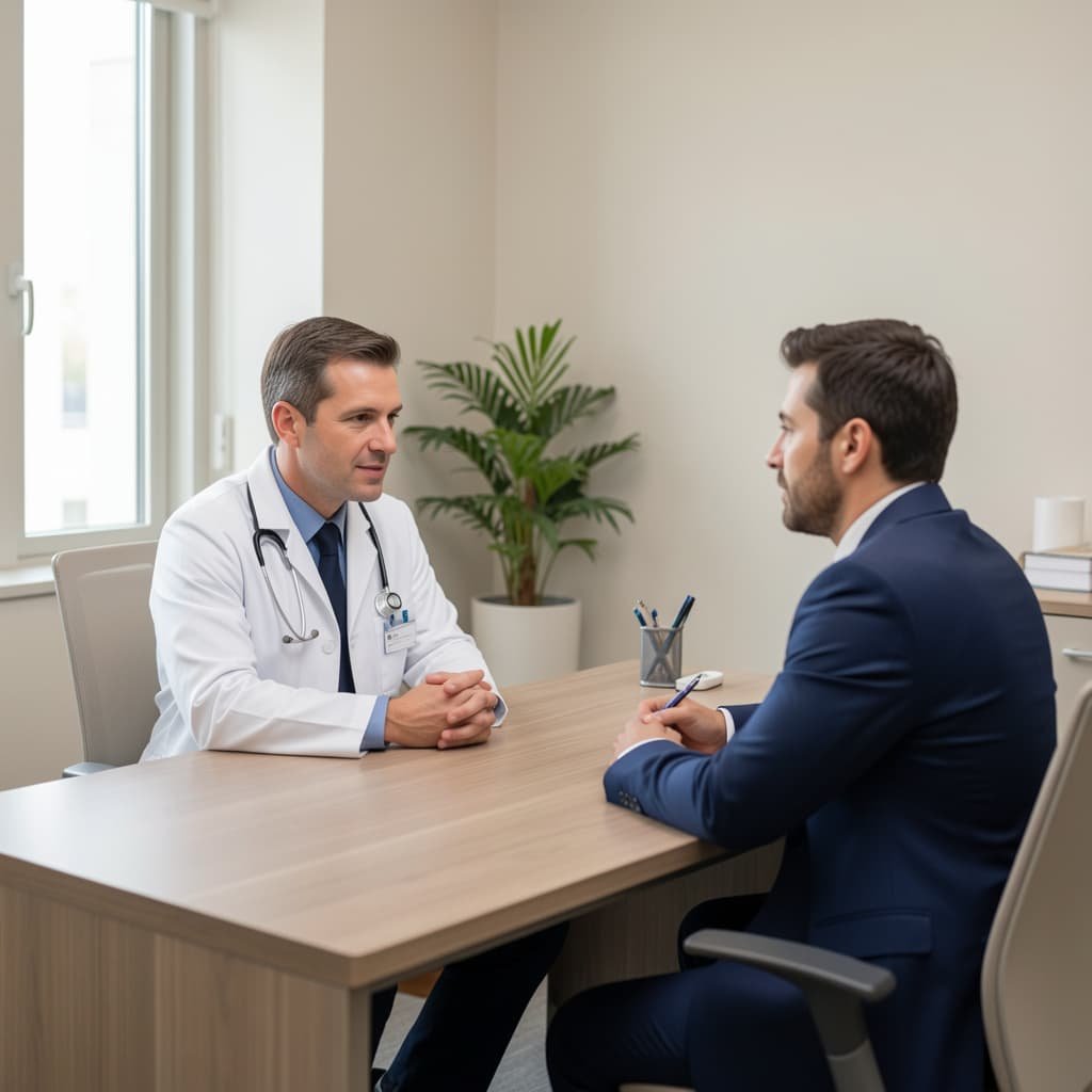 Doctor and male patient in private medical consultation discussing non-surgical erectile dysfunction treatment London