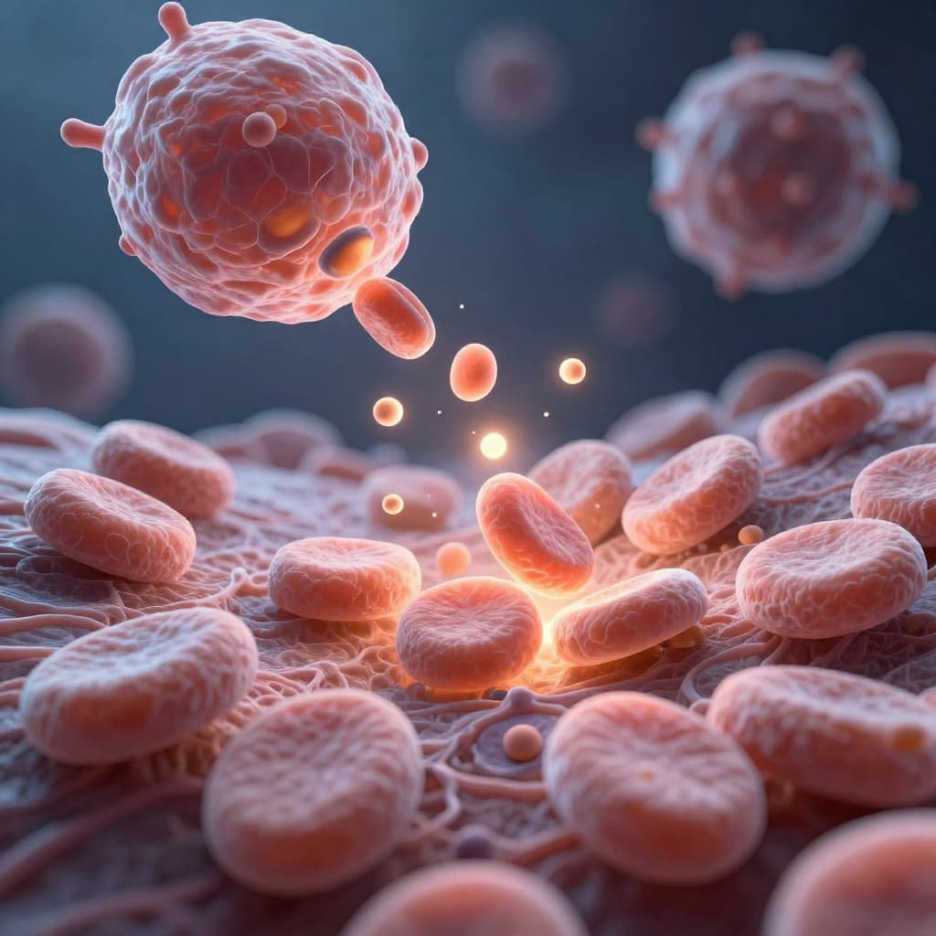 3D medical graphic illustrating platelets releasing growth factors to stimulate angiogenesis and cellular repair.
