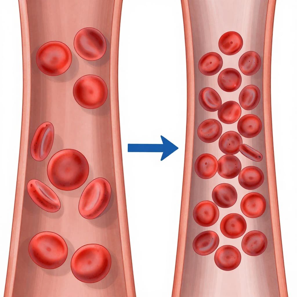 Split-screen medical diagram comparing smooth, hydrated blood flow with sluggish, dehydrated micro-circulation.