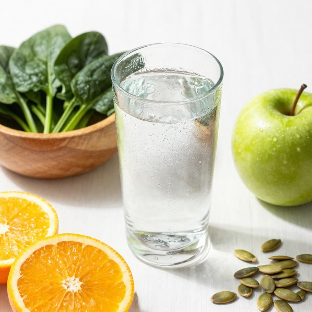Healthy lifestyle flat-lay with a large glass of water and nutrient-dense foods rich in vitamin C and zinc.