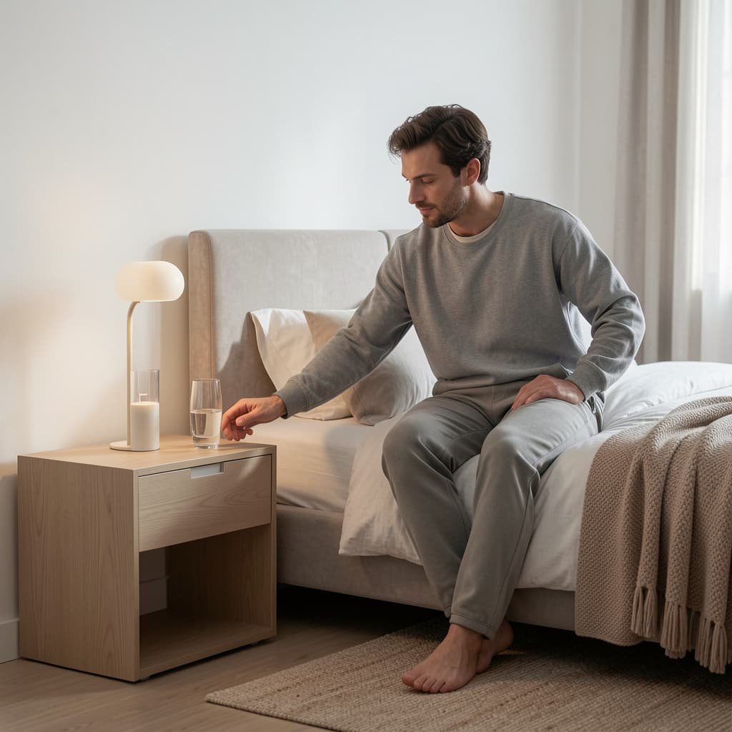 A man resting in a calm, modern room, emphasizing a relaxed recovery routine and hydration.