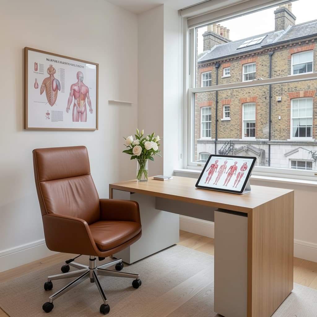 Exterior or interior view of a premium, high-end medical clinic office located in Marylebone, London.