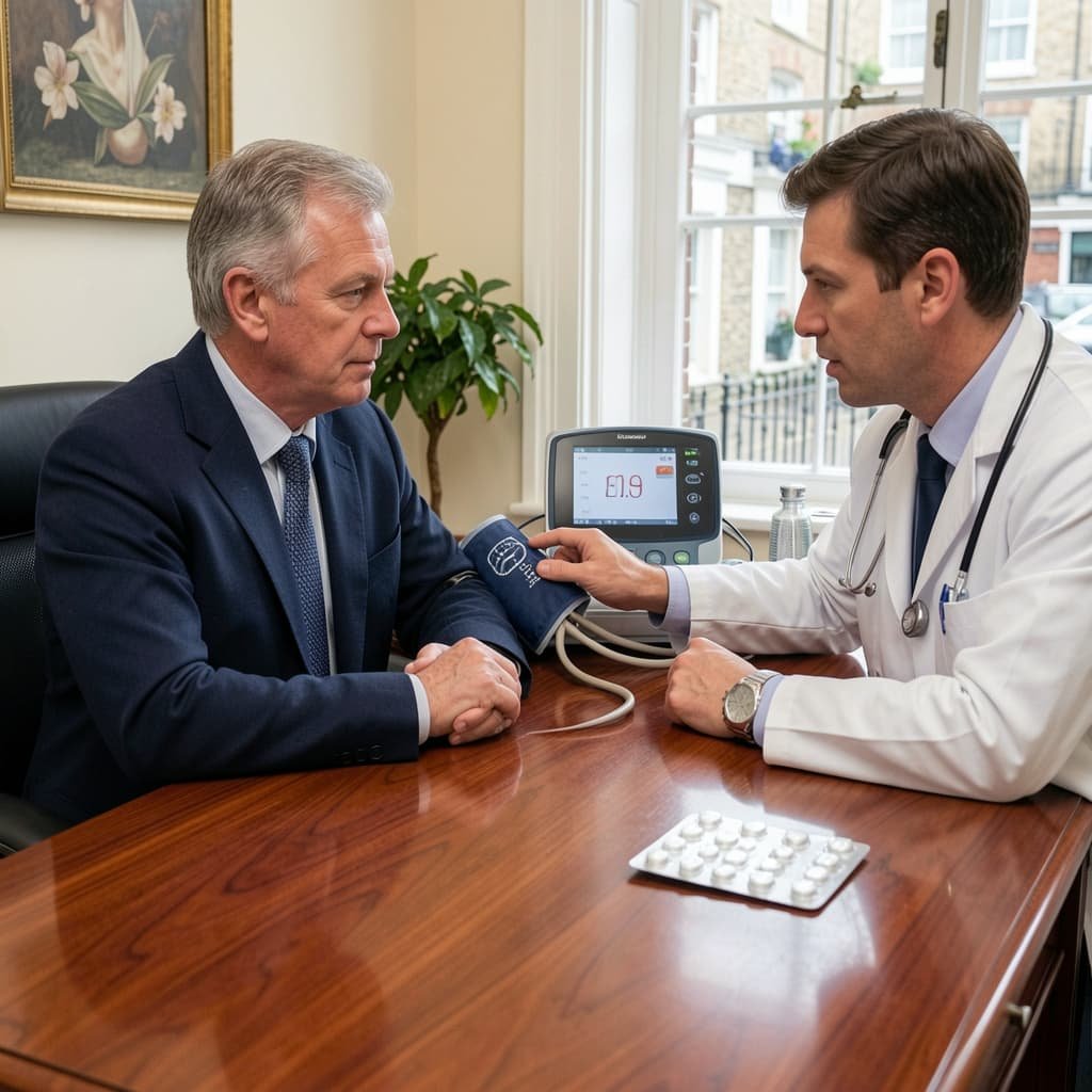 Doctor reviewing antihypertensive medication with male patient experiencing erectile dysfunction and high blood pressure