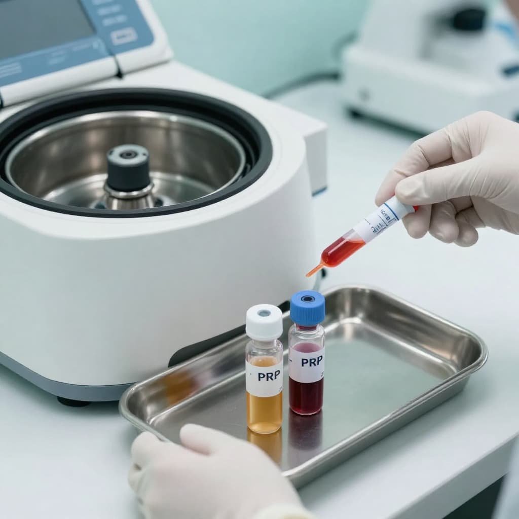 PRP preparation process showing centrifuged platelet-rich plasma vials used in P-Shot treatment for erectile dysfunction