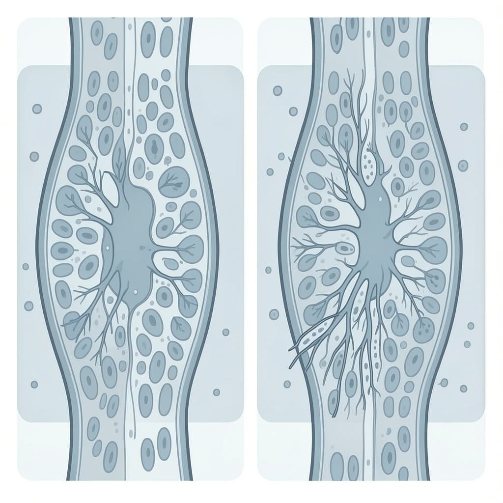 Side-by-side microscopic illustration comparing healthy corpus cavernosum tissue with fibrotic tissue showing smooth muscle loss