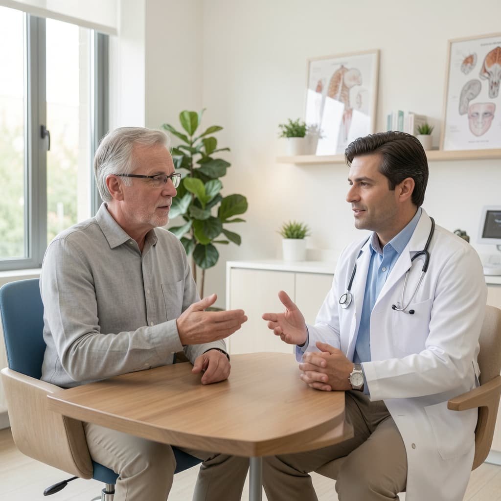 A male patient in a private clinic consulting with a doctor about erectile dysfunction treatment options