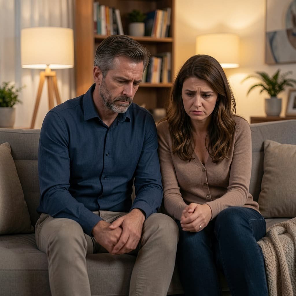 Couple sitting apart on a sofa illustrating emotional distance caused by erectile dysfunction in relationships