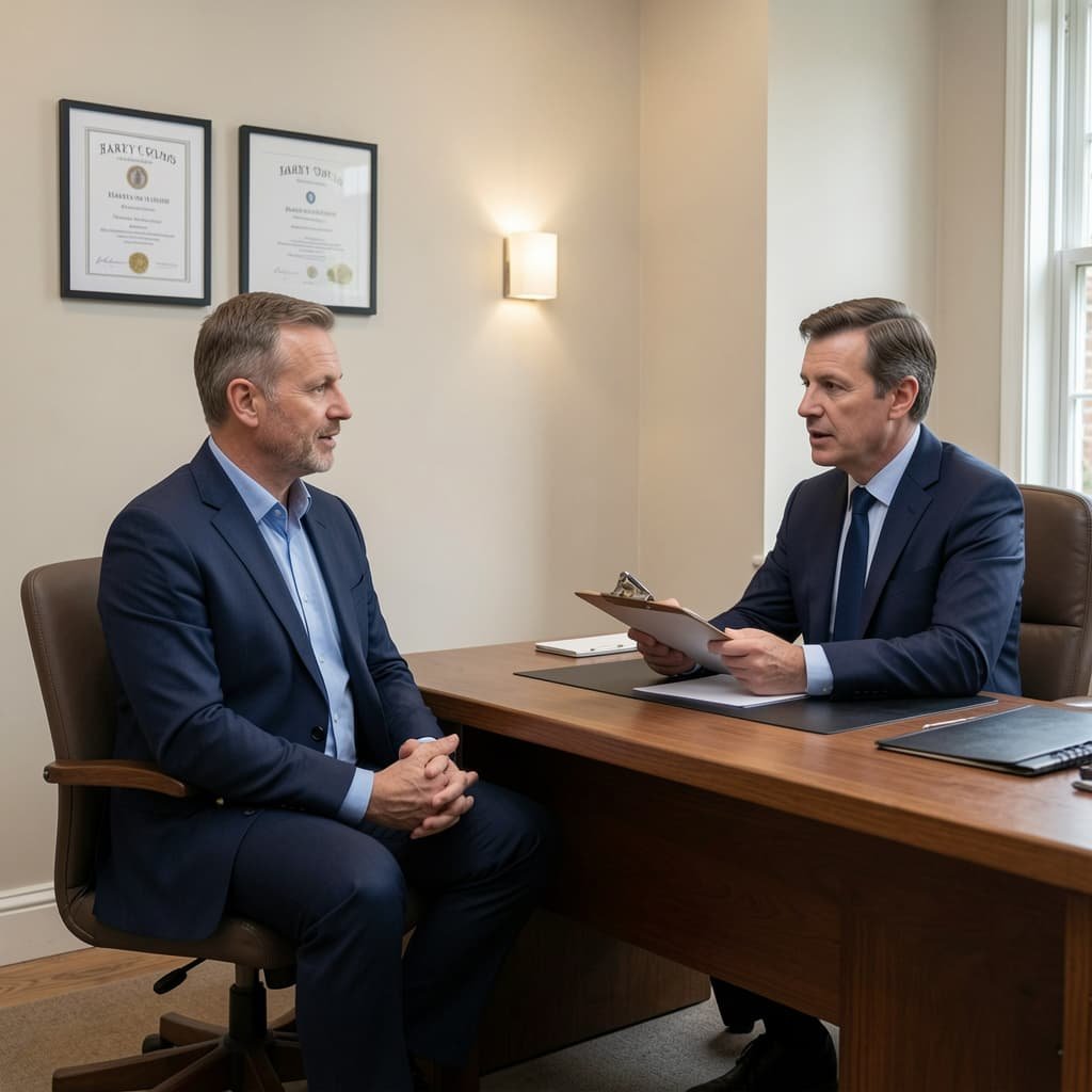 Male patient in private consultation with a clinician discussing erectile dysfunction treatment options in London
