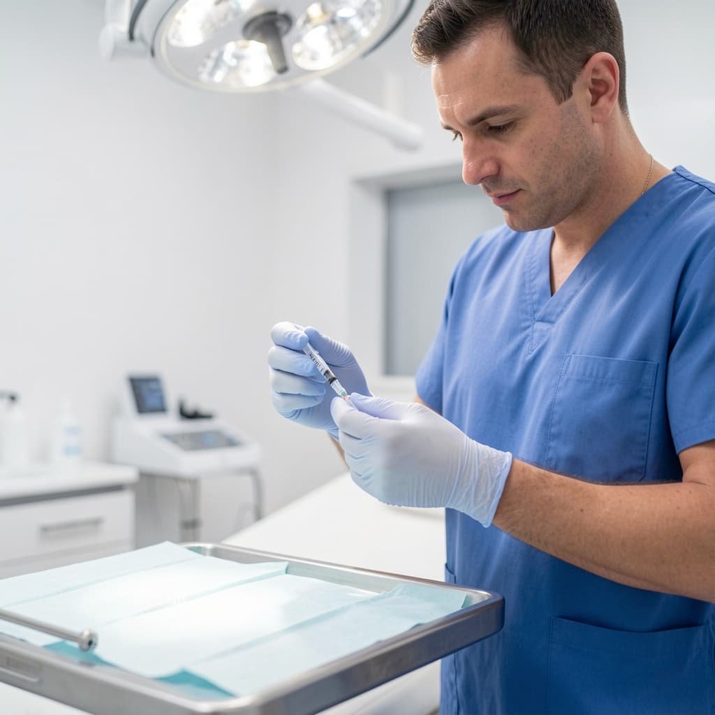 Clinician preparing P-Shot PRP injection in a private men's health clinic