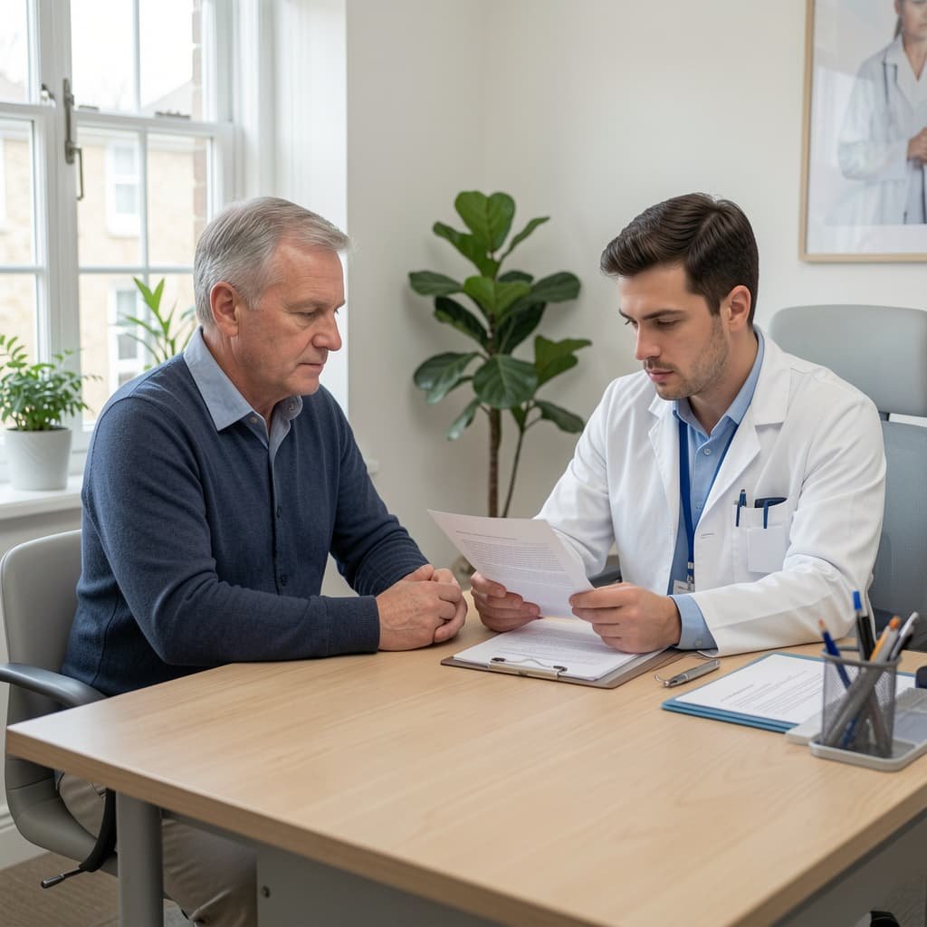 Male patient consulting a clinician about urinary incontinence treatment options in a private UK clinic