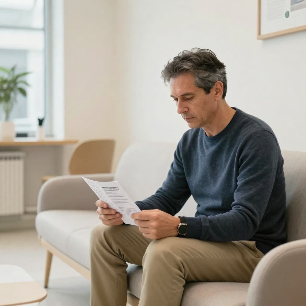 Male patient reviewing information about p shot urinary incontinence treatment at a private London clinic
