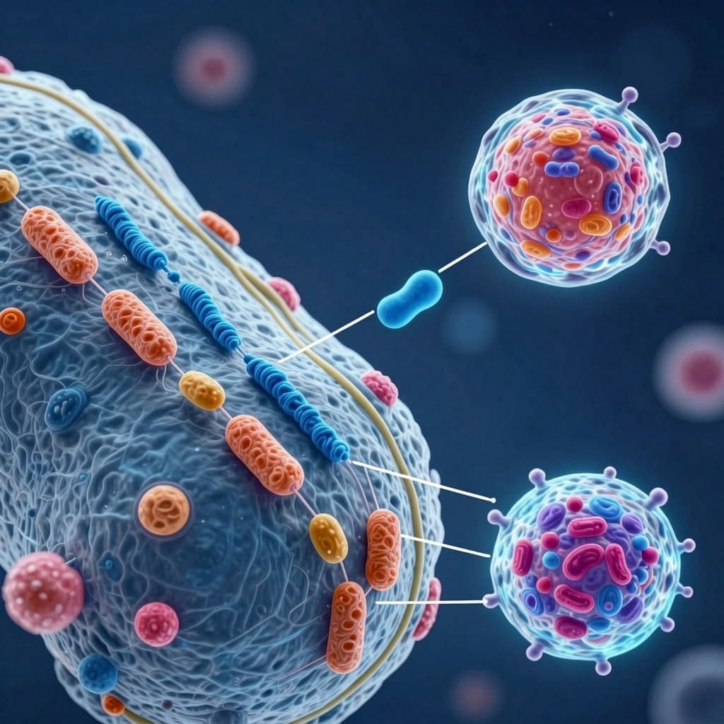 Scientific illustration of an exosome vesicle transferring mRNA and microRNA cargo to a target cell in regenerative therapy