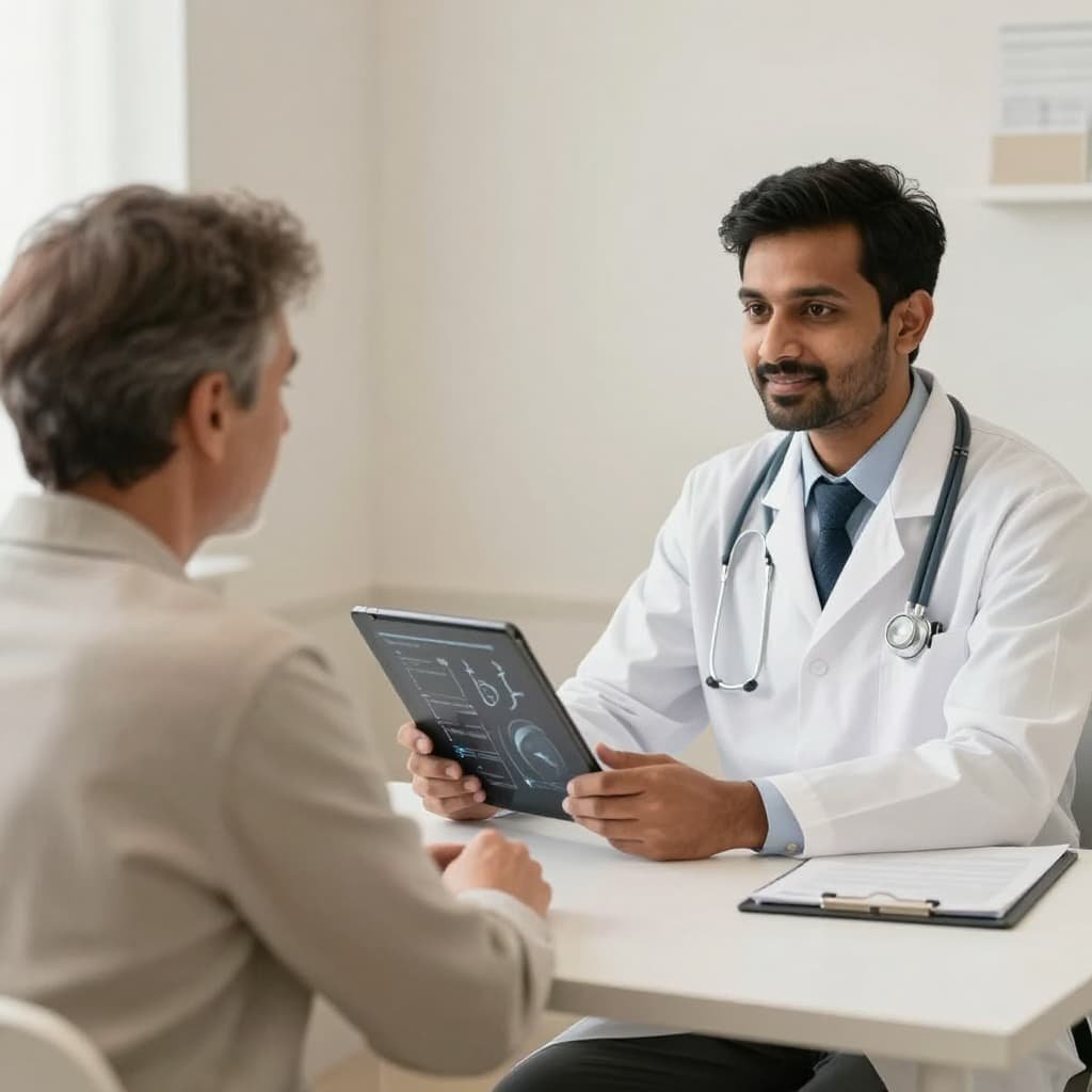 Male doctor and patient in a private clinic consultation discussing regenerative treatment options for erectile dysfunction in London
