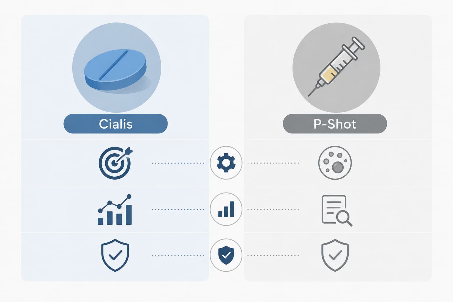 Infographic comparing Cialis tablets and P-Shot injections for erectile dysfunction