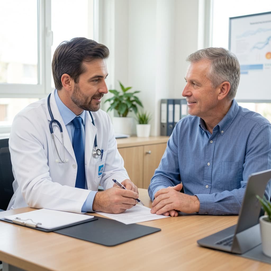 Doctor and patient discussing erectile dysfunction treatment options in a London clinic